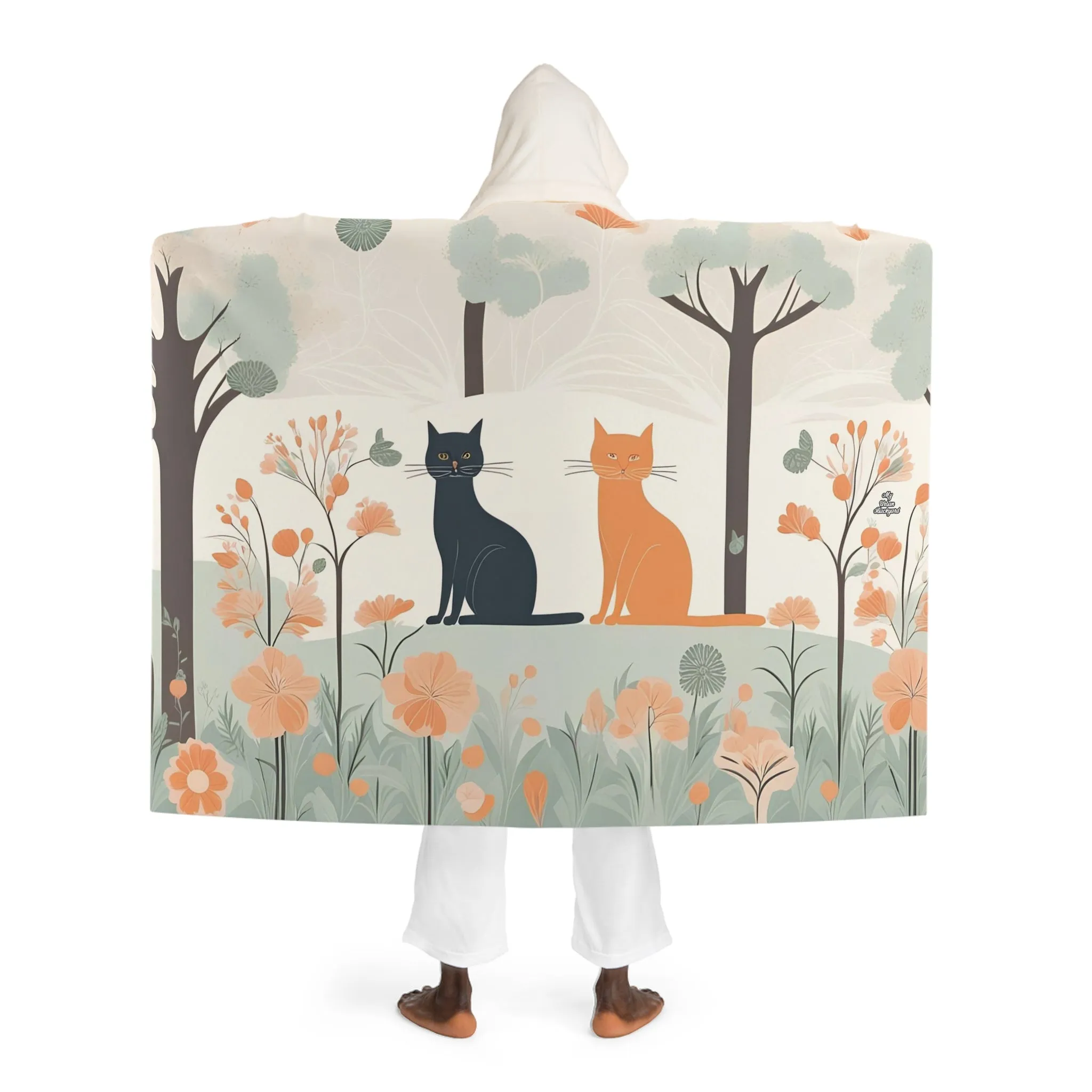 Black Cat and Orange Cat with Flowers, Cozy Hooded Sherpa Fleece Blanket