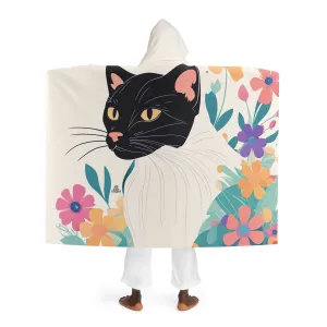 Black Cat with Pastel Flowers, Cozy Hooded Sherpa Fleece Blanket