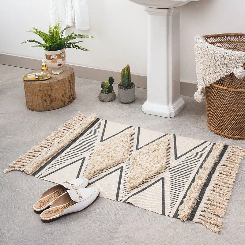 Cotton bedside blanket in front of hand-washing table