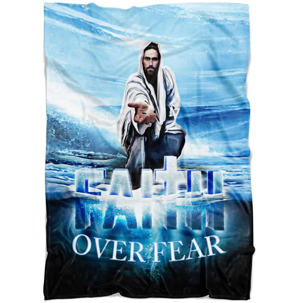 Faith Over Fear Jesus Hands Reaching Out Fleece Blanket - Christian Blanket - Bible Verse Blanket