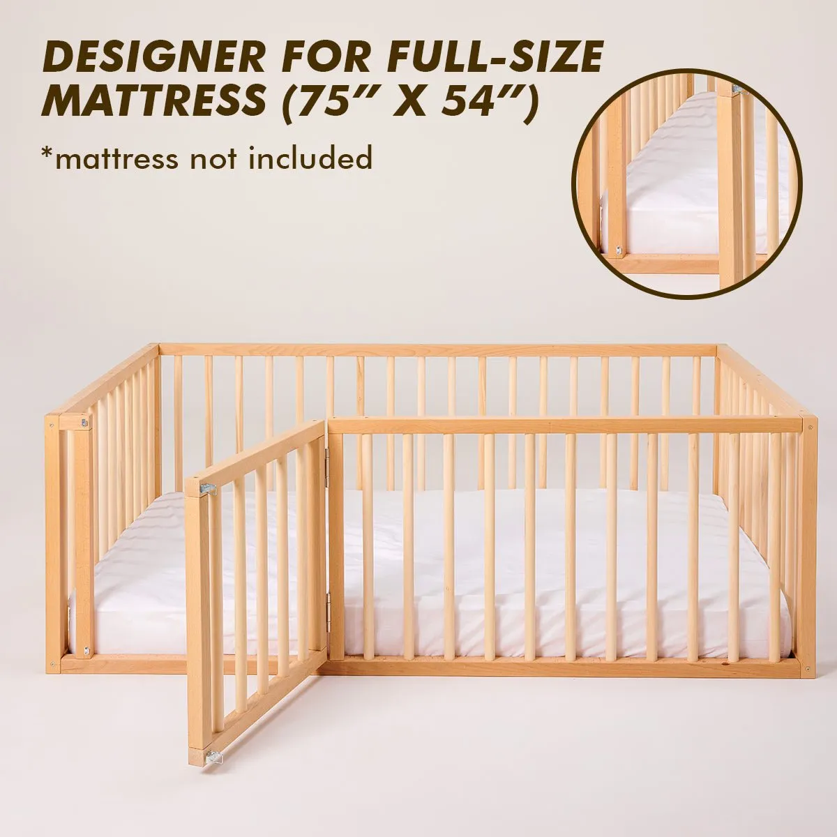 Full Montessori Floor Bed Frame for Toddlers with Fence (75*54 inch)