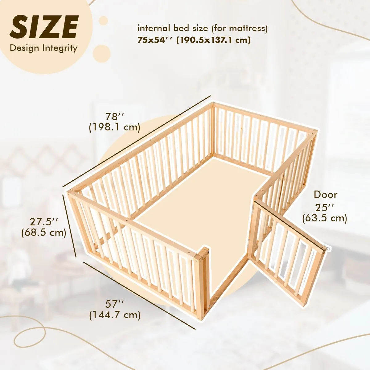 Full Montessori Floor Bed Frame for Toddlers with Fence (75*54 inch)