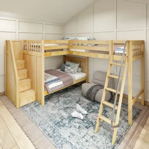 Full   Twin High Corner Loft Bunk with Angled Ladder and Stairs