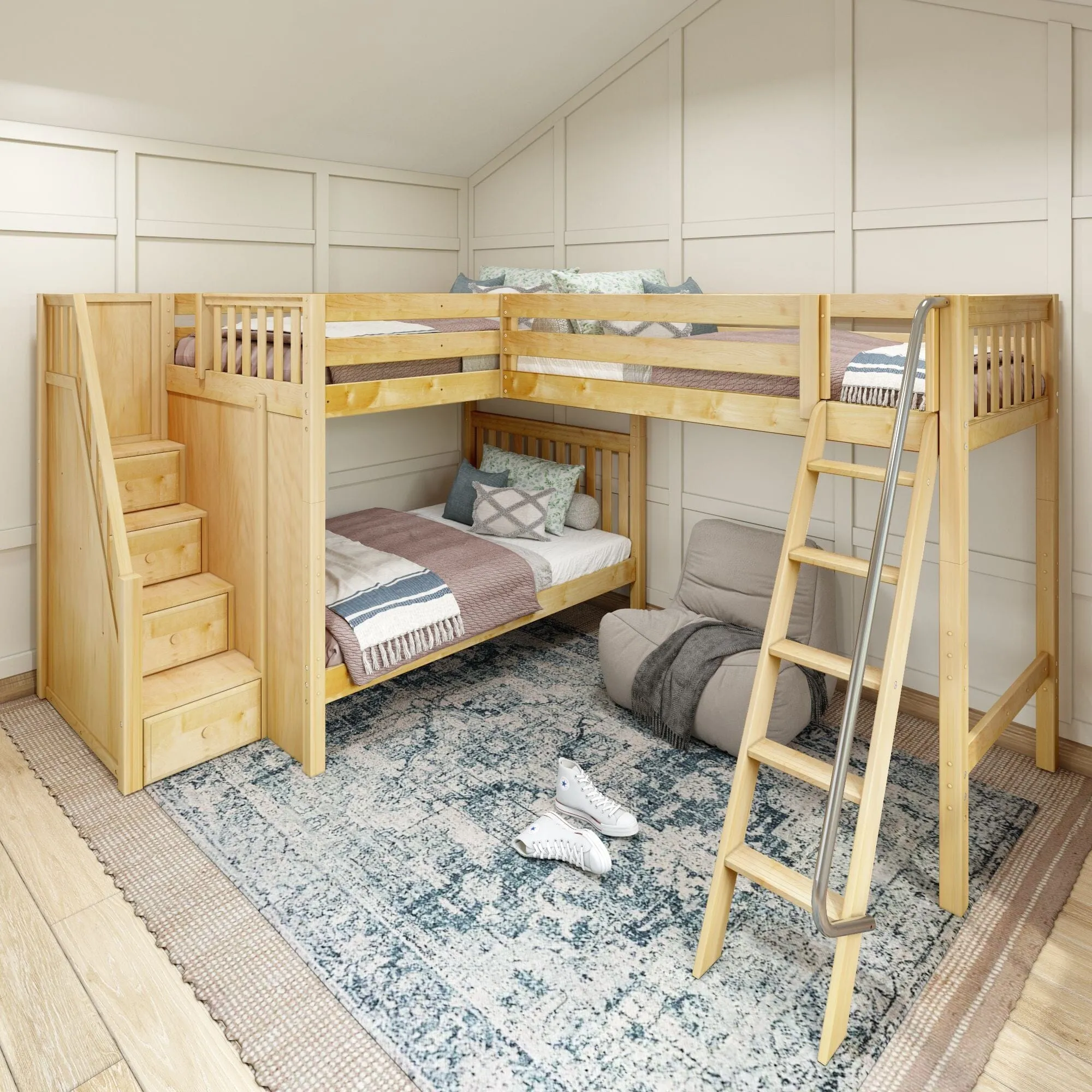 Full   Twin High Corner Loft Bunk with Angled Ladder and Stairs