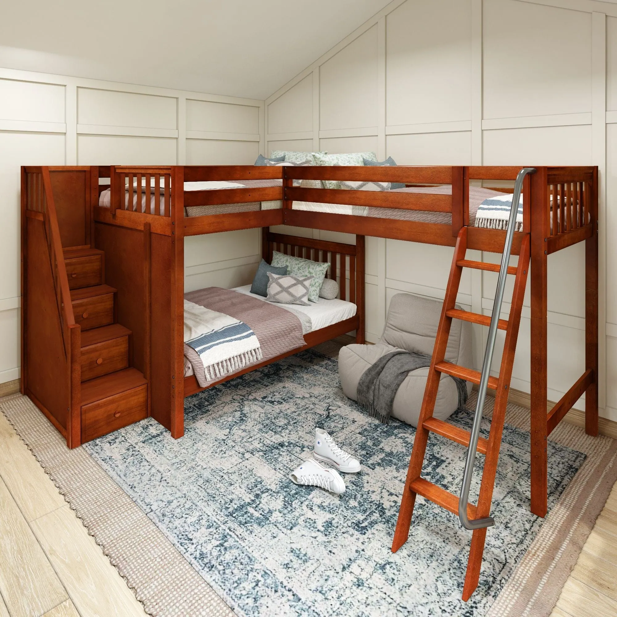 Full   Twin High Corner Loft Bunk with Angled Ladder and Stairs