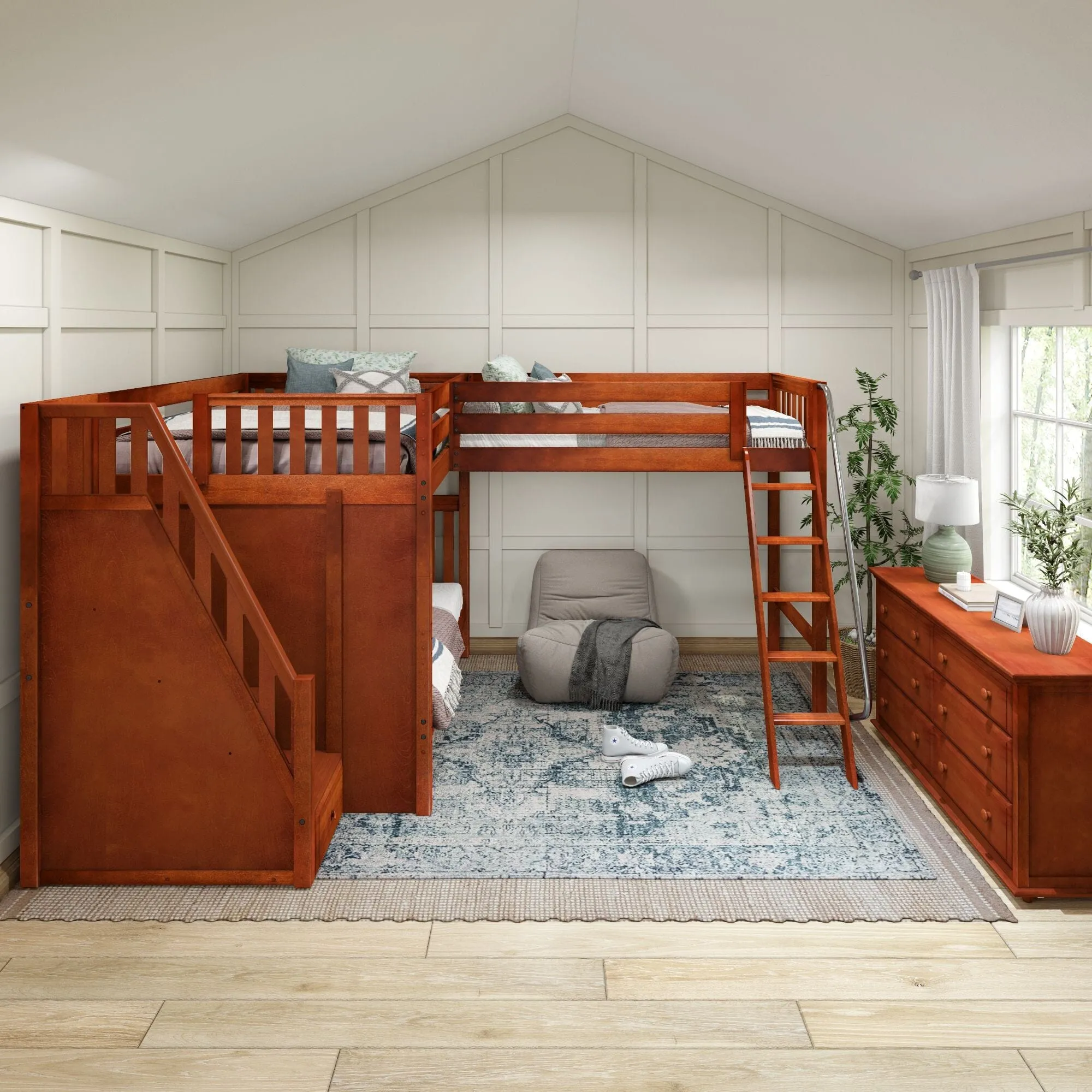 Full   Twin High Corner Loft Bunk with Angled Ladder and Stairs