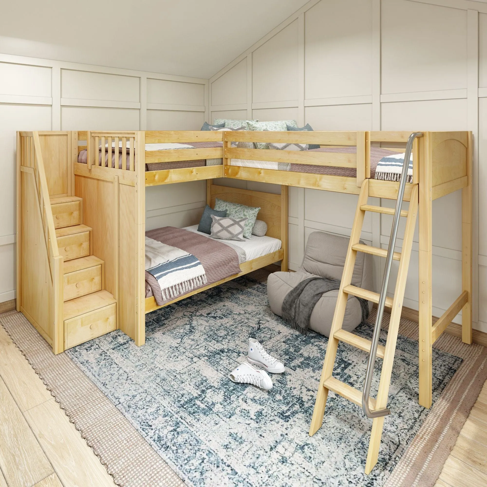 Full   Twin High Corner Loft Bunk with Angled Ladder and Stairs