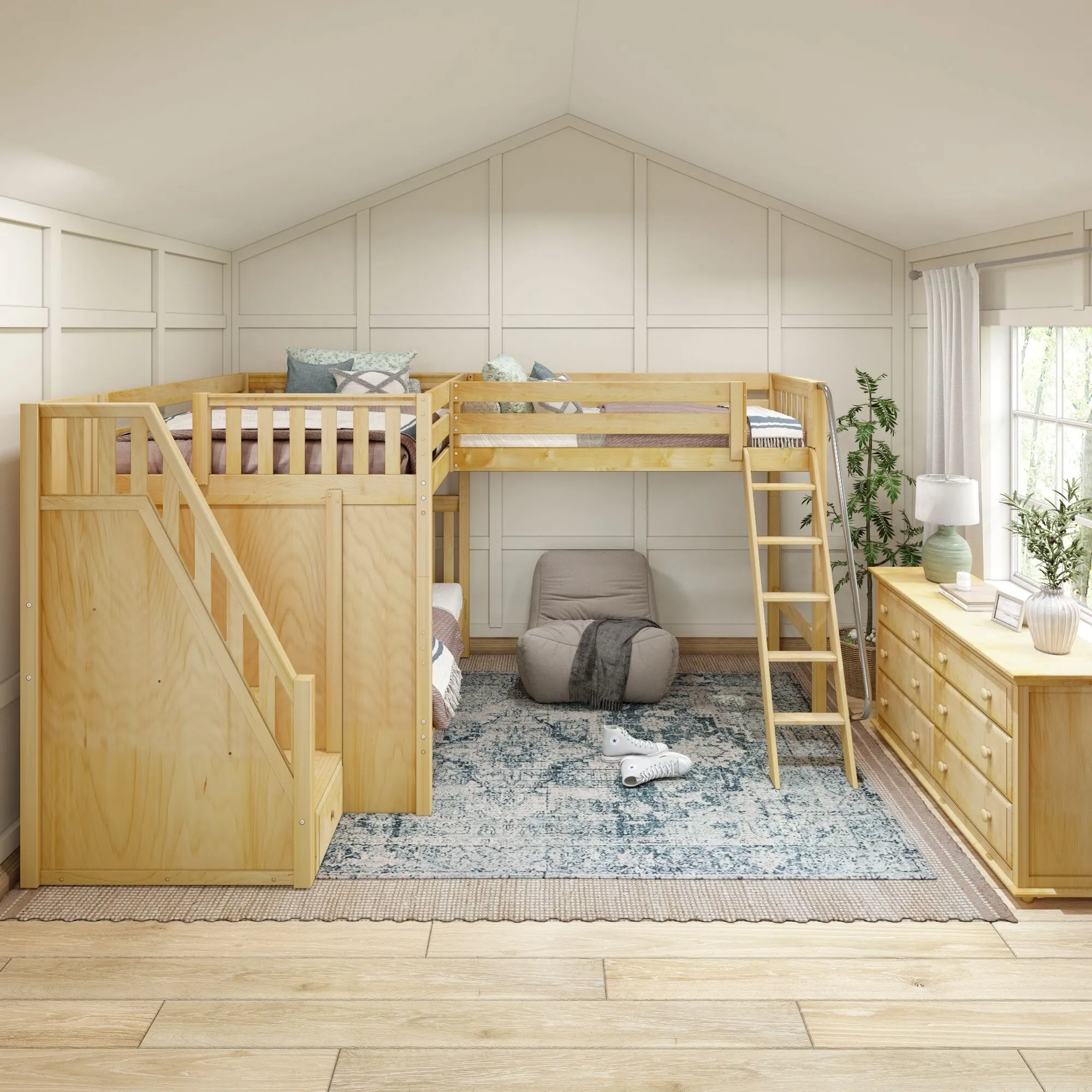 Full   Twin High Corner Loft Bunk with Angled Ladder and Stairs