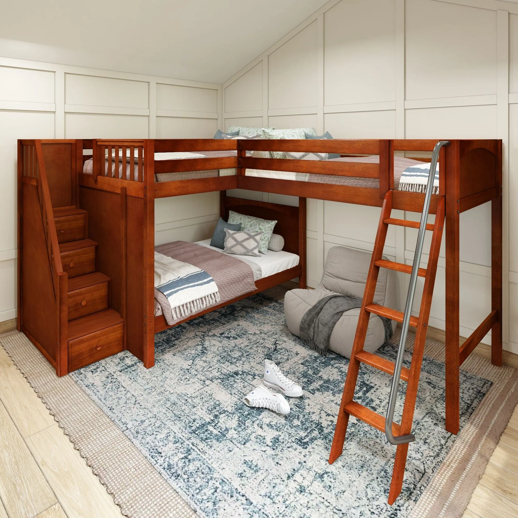 Full   Twin High Corner Loft Bunk with Angled Ladder and Stairs