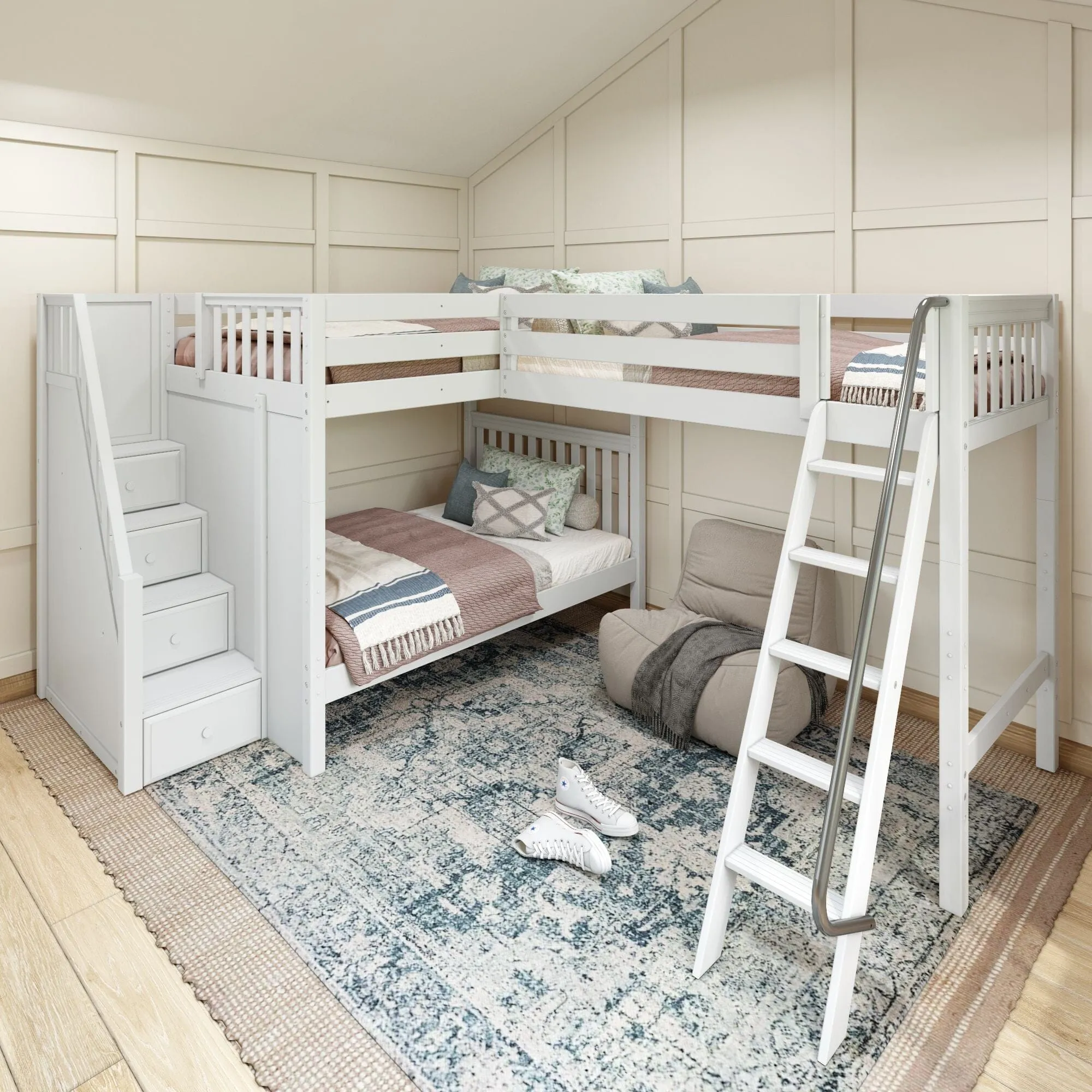 Full   Twin High Corner Loft Bunk with Angled Ladder and Stairs