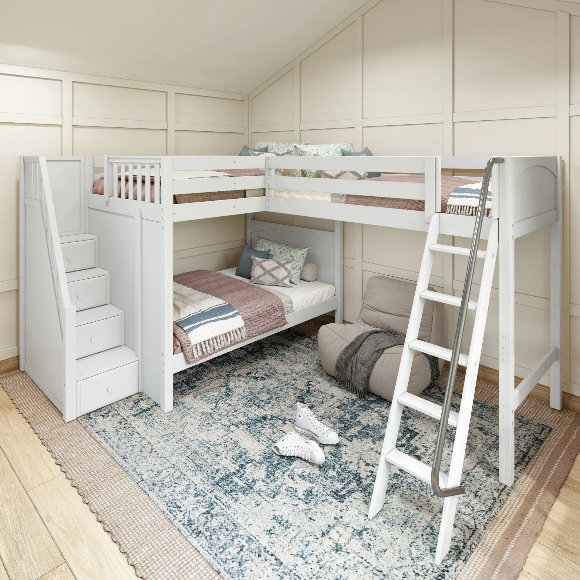 Full   Twin High Corner Loft Bunk with Angled Ladder and Stairs