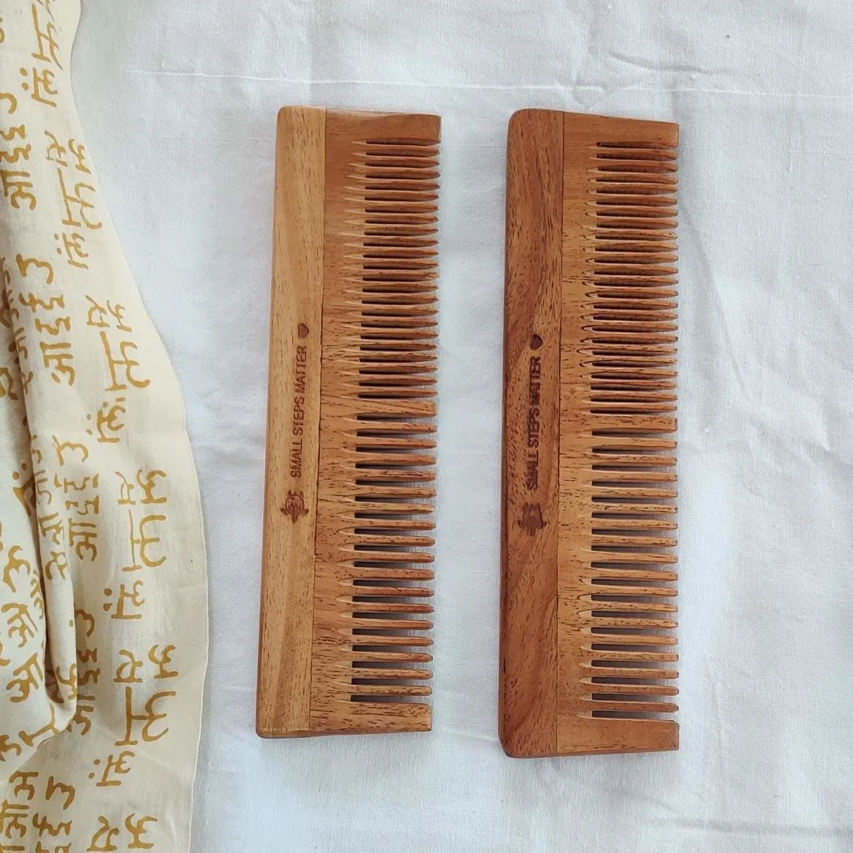 Neem Wood Comb - Wide and Narrow Spaced Teeth - Detangling & Styling - Pack of 2