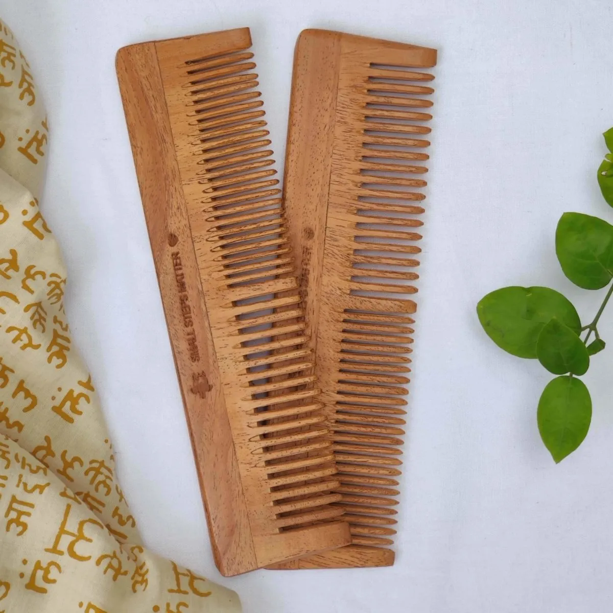 Neem Wood Comb - Wide and Narrow Spaced Teeth - Detangling & Styling - Pack of 2