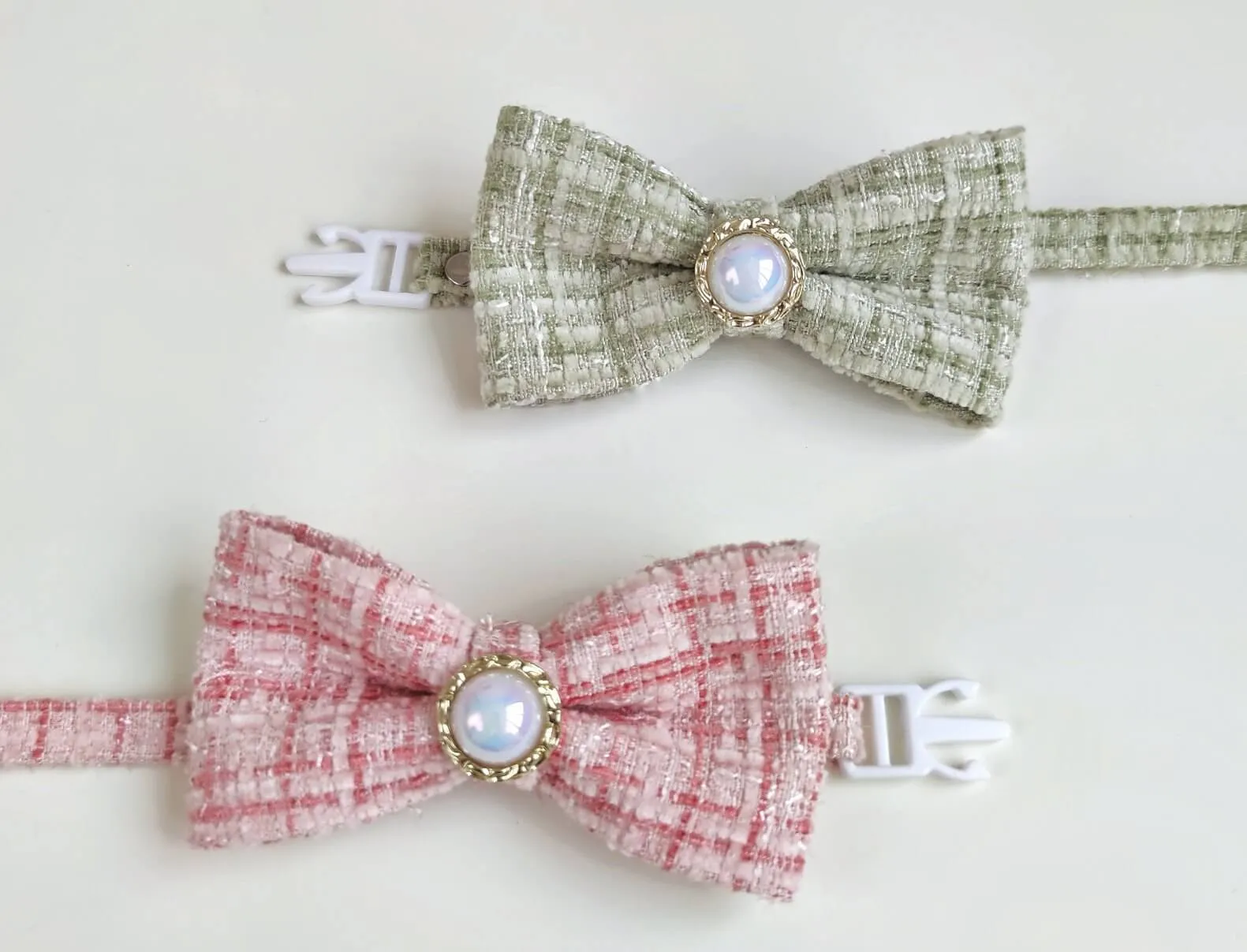 Pet Braided Plaid Collar Adjustable Breakaway with Vintage Pearl Bow Tie for Cats under 10kg