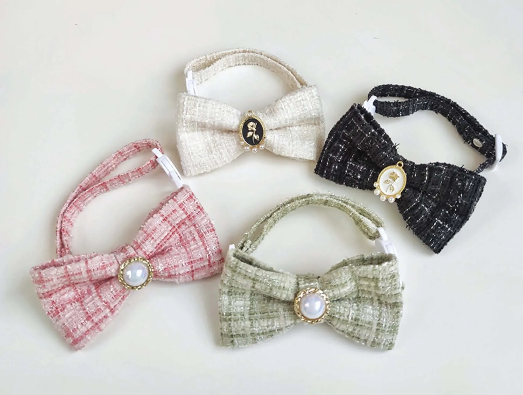 Pet Braided Plaid Collar Adjustable Breakaway with Vintage Pearl Bow Tie for Cats under 10kg