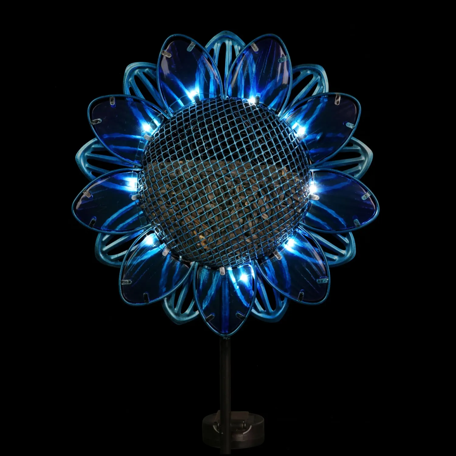 Solar Blue Sunflower Metal and Glass Bird Seed Feeder Garden Stake, 11 by 36 Inches