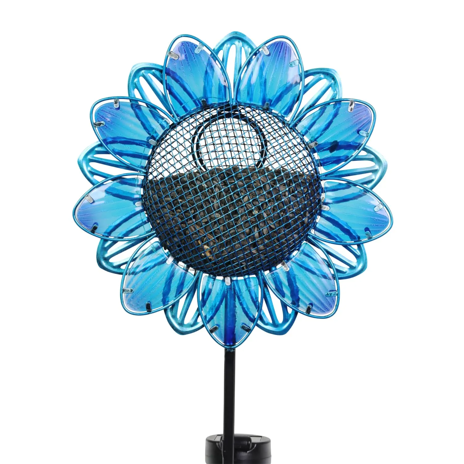 Solar Blue Sunflower Metal and Glass Bird Seed Feeder Garden Stake, 11 by 36 Inches