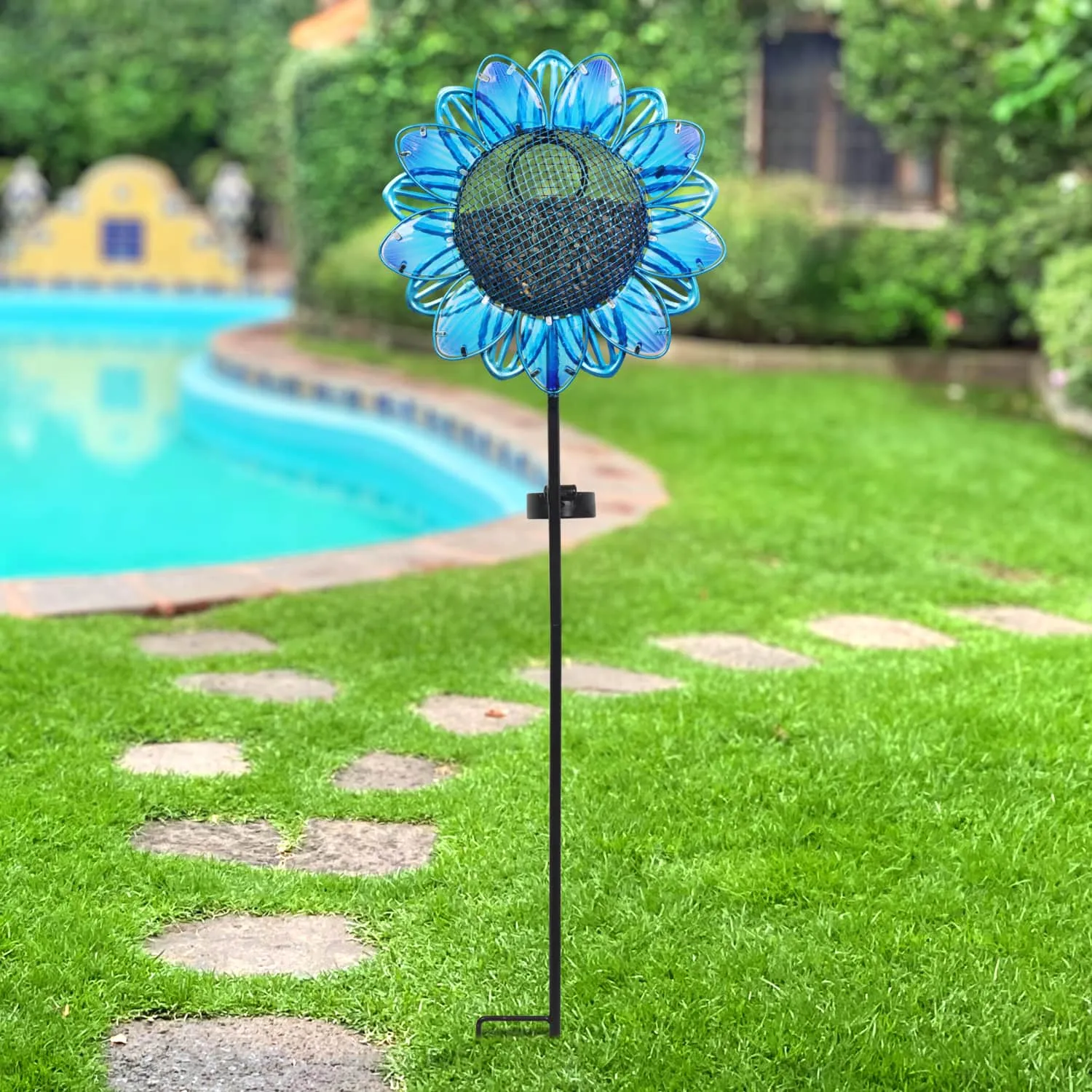 Solar Blue Sunflower Metal and Glass Bird Seed Feeder Garden Stake, 11 by 36 Inches