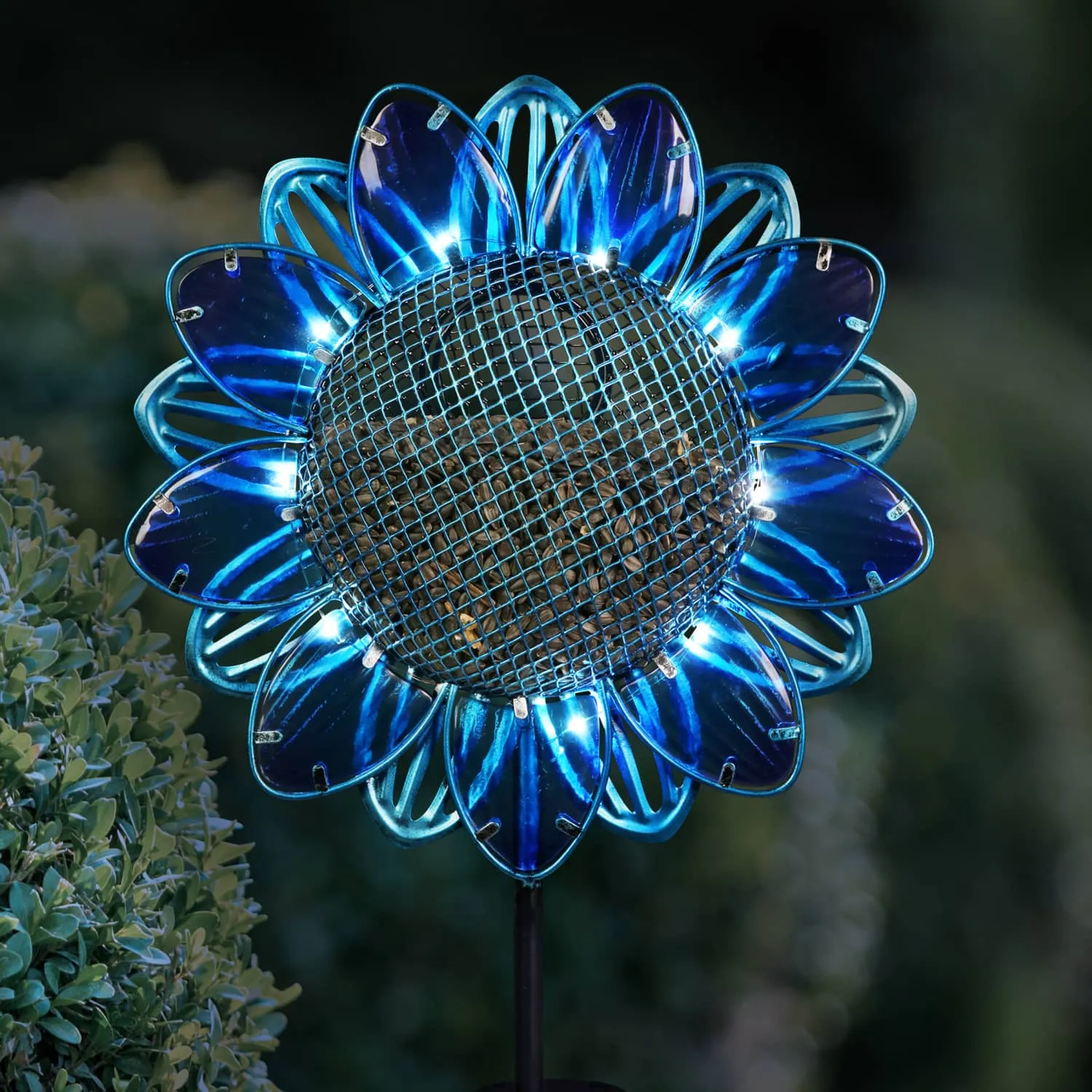 Solar Blue Sunflower Metal and Glass Bird Seed Feeder Garden Stake, 11 by 36 Inches