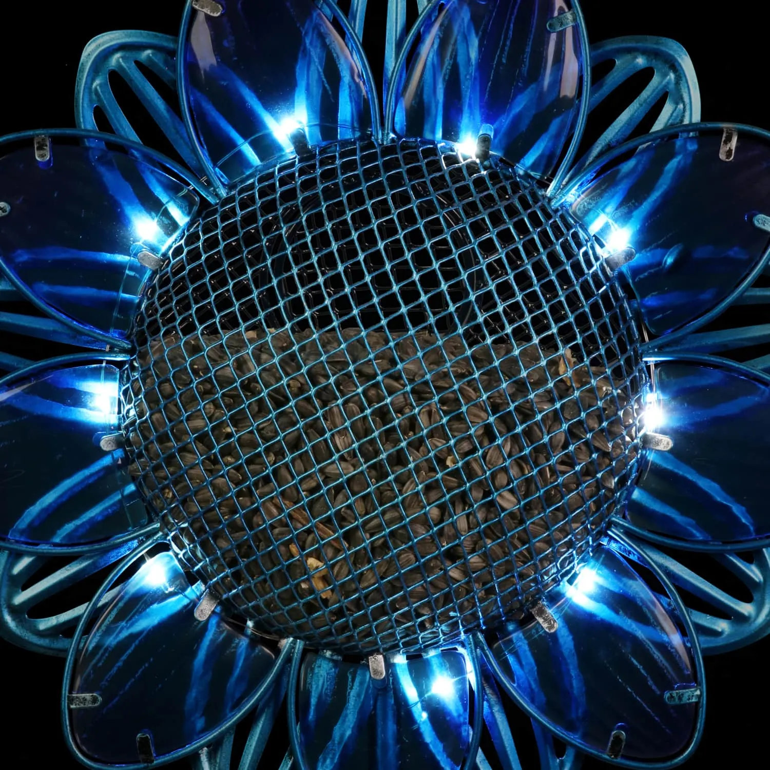 Solar Blue Sunflower Metal and Glass Bird Seed Feeder Garden Stake, 11 by 36 Inches