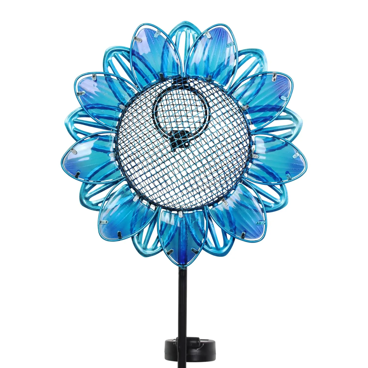 Solar Blue Sunflower Metal and Glass Bird Seed Feeder Garden Stake, 11 by 36 Inches