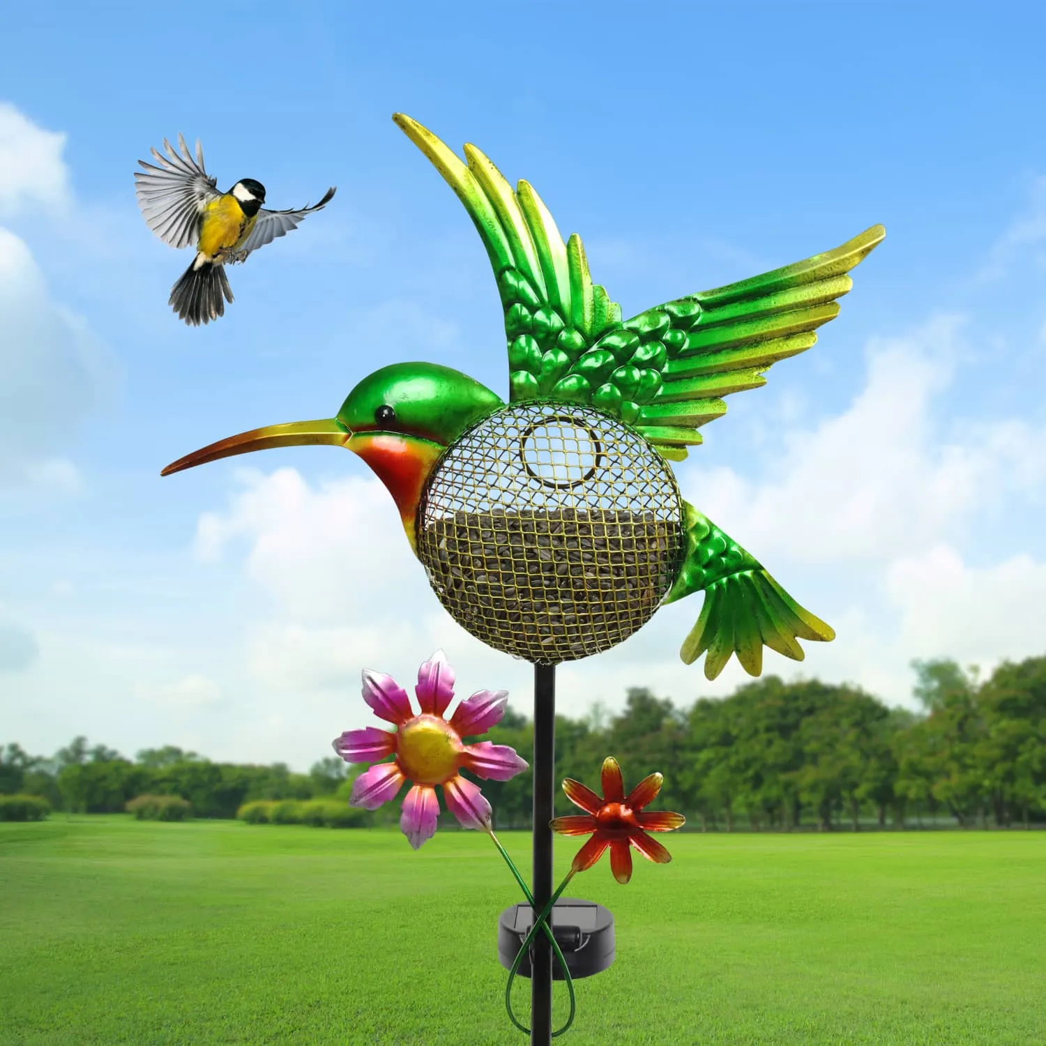 Solar Hand Painted Hummingbird Metal Mesh Pellet Bird Feeder Garden Stake, 12.5 by 36 Inches