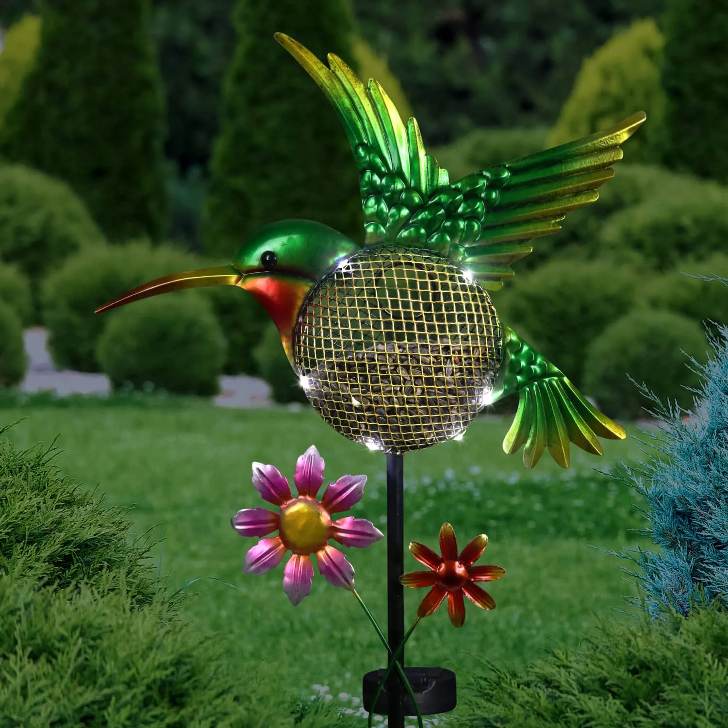 Solar Hand Painted Hummingbird Metal Mesh Pellet Bird Feeder Garden Stake, 12.5 by 36 Inches