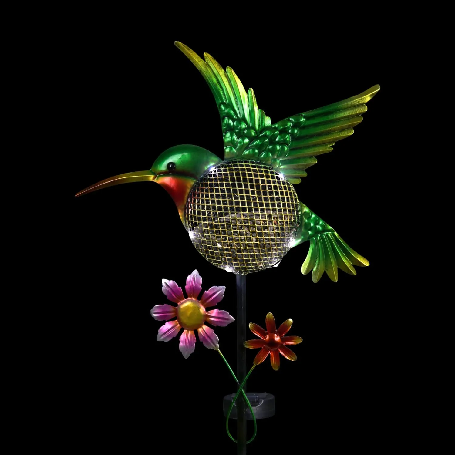 Solar Hand Painted Hummingbird Metal Mesh Pellet Bird Feeder Garden Stake, 12.5 by 36 Inches