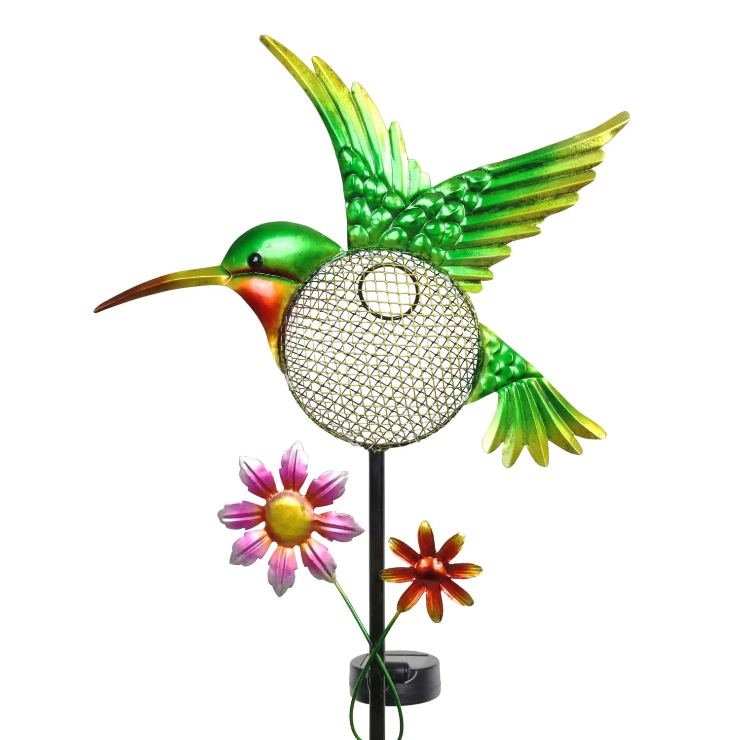 Solar Hand Painted Hummingbird Metal Mesh Pellet Bird Feeder Garden Stake, 12.5 by 36 Inches