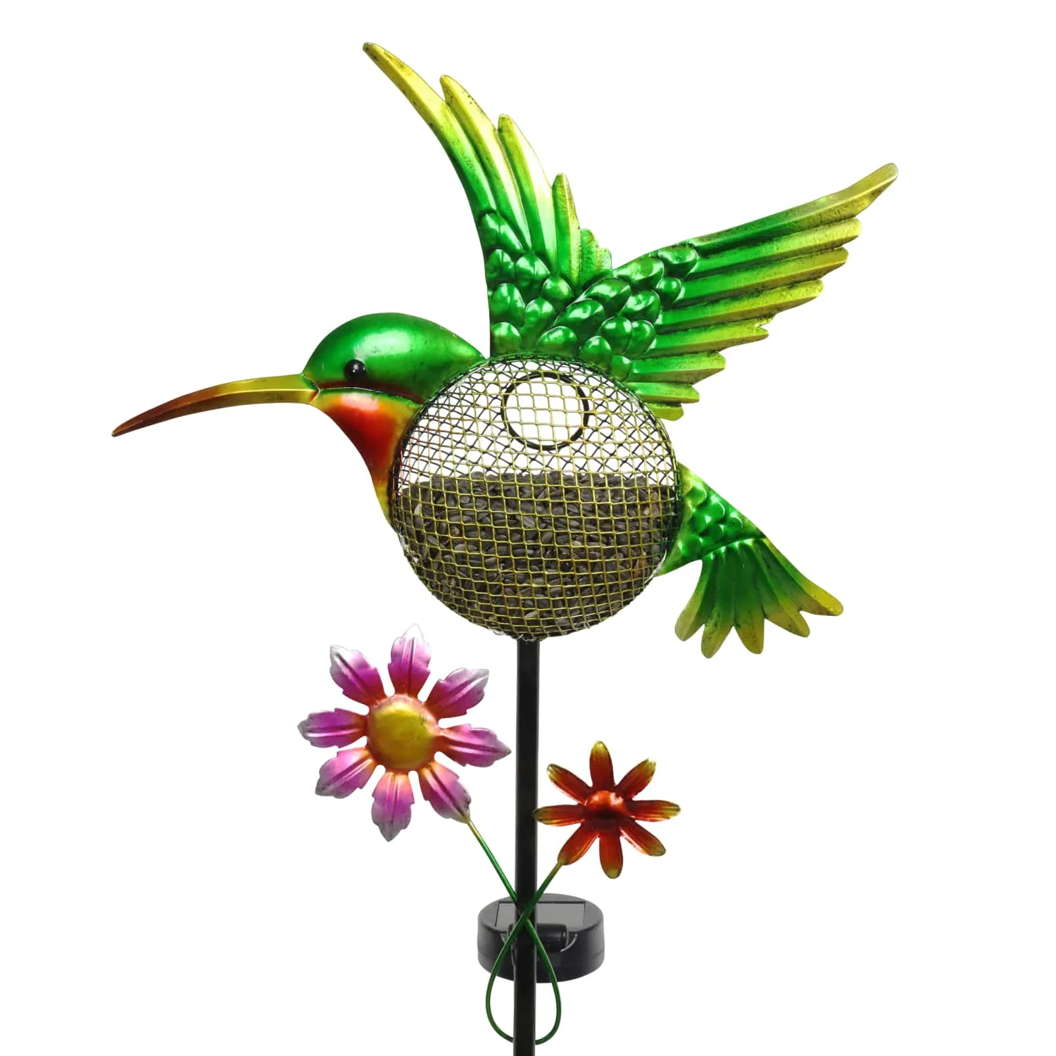 Solar Hand Painted Hummingbird Metal Mesh Pellet Bird Feeder Garden Stake, 12.5 by 36 Inches