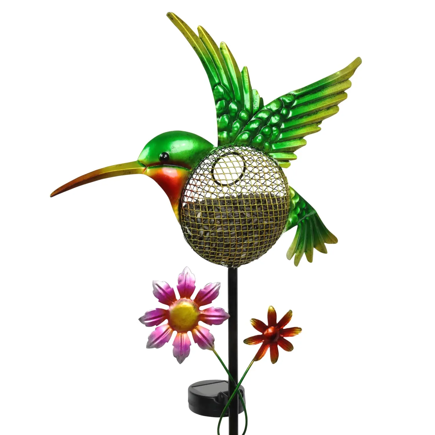 Solar Hand Painted Hummingbird Metal Mesh Pellet Bird Feeder Garden Stake, 12.5 by 36 Inches