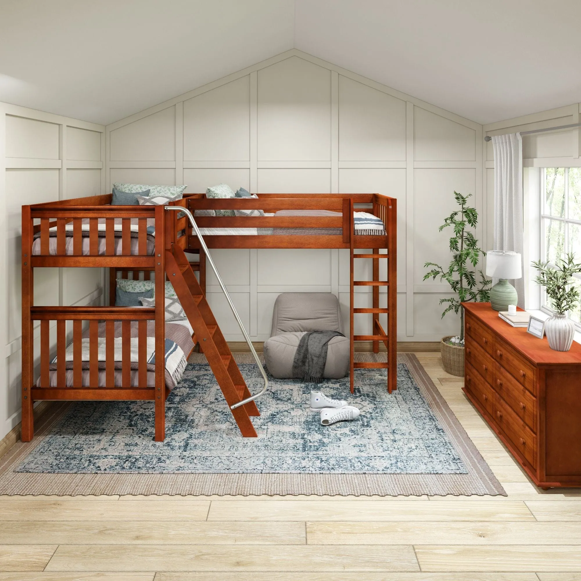 Twin XL High Corner Loft Bunk with Straight Ladder and Angled Ladder