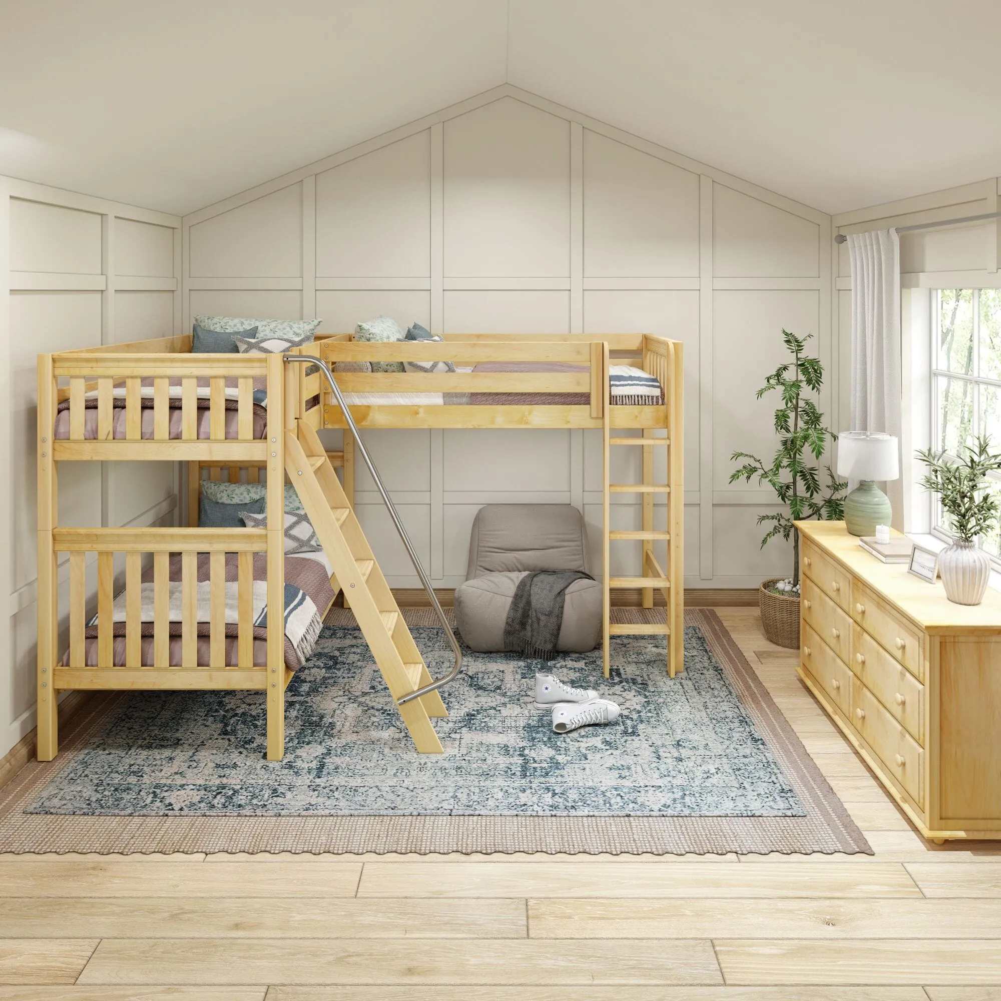 Twin XL High Corner Loft Bunk with Straight Ladder and Angled Ladder