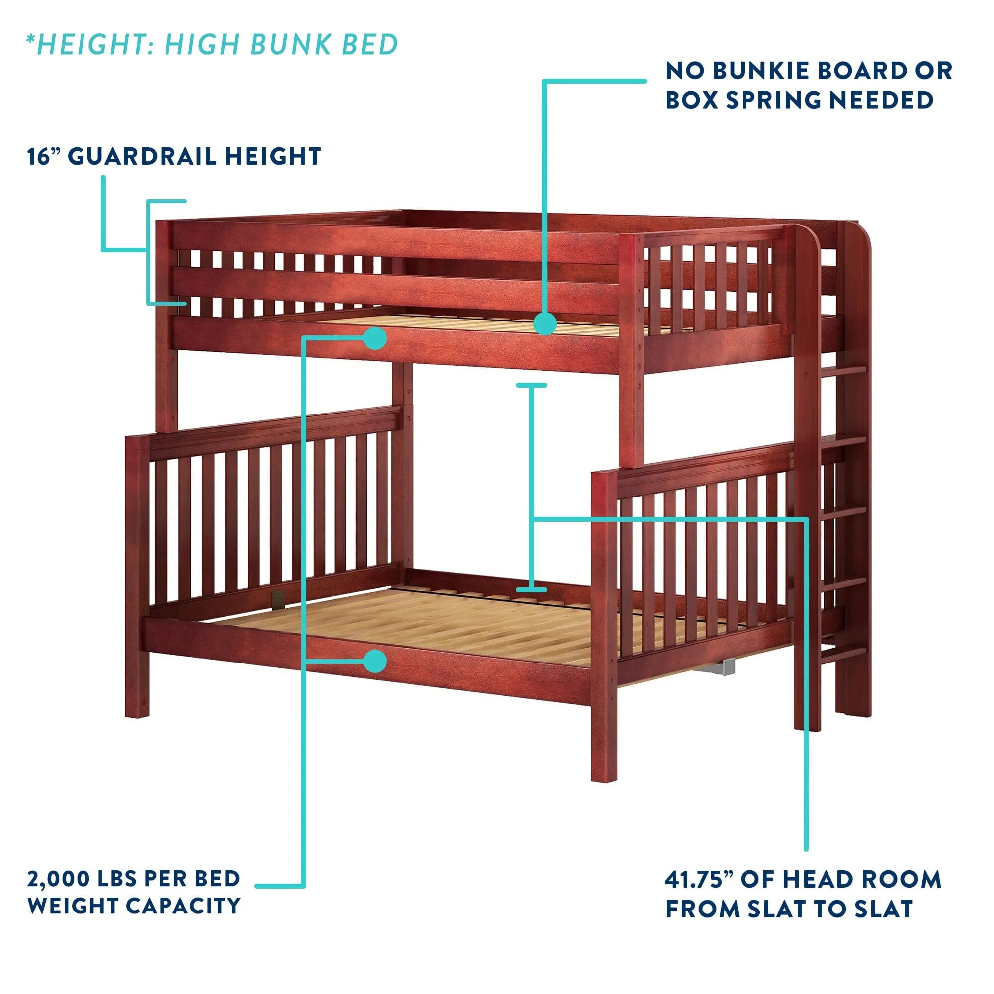 Twin XL over Full XL High Bunk Bed with Angled Ladder