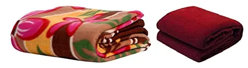 Wavva® Plain and Printed Fleece 2 Single Bed Blankets-Maroon,Printed (Set of 2)