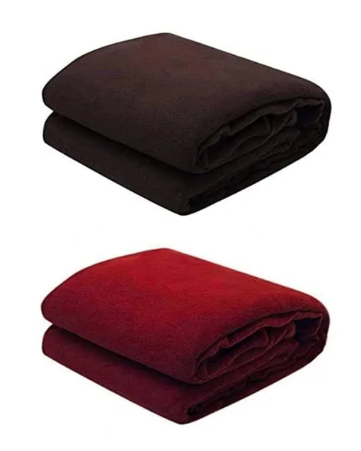 Wavva® Plain Fleece 2 Single Bed Blankets-Brown,Red (Set of 2)